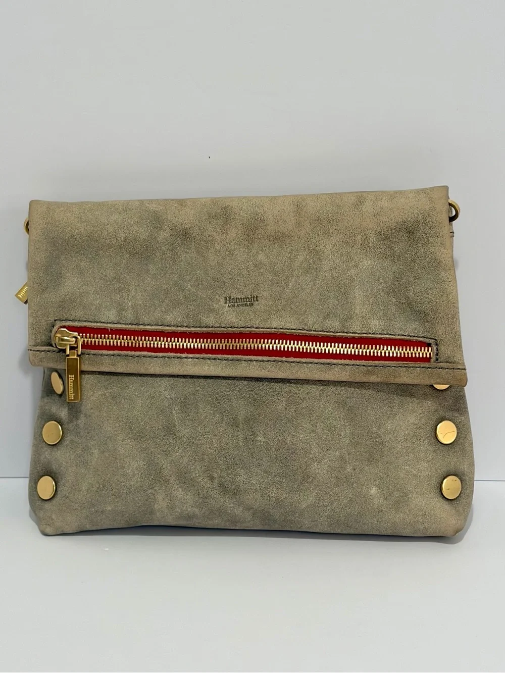Hammitt VIP Medium Crossbody In Pewter With Gold Hardware/Red Zip